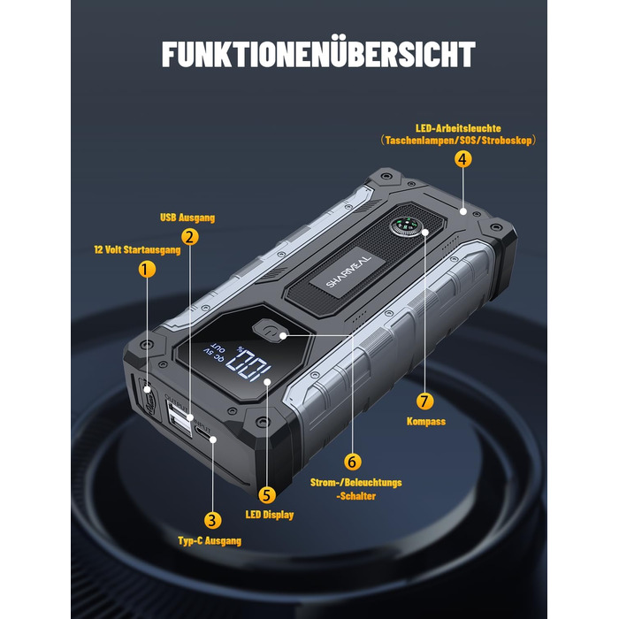 Powerbank для авто SHARMEAL 6000A: старт для бензинових та дизельних двигунів (до 10 л), 12V, LCD, LED ліхтарик