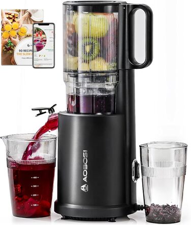 AOBOSI Повільнодіючий соковитискач з великою завантажувальною воронкою 135 мм, 200 Вт, холодний віджим, зворотний хід, потрійний фільтр, BPA-free, тихий, для свіжих соків з фруктів та овочів, чорний