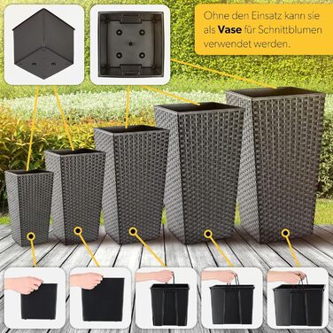 Набір горщиків для квітів KADAX 3 шт. (36/46,5/57,5 см) – пластикові, вологостійкі, для дому та саду, графіт, ротанг