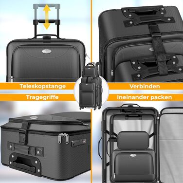 Набір валіз KESSER® 4 шт. | Чотири валізи з тканини з кодовим замком TSA, 360° колесами та телескопічною ручкою | Косметичка, ручна валіза та великі валізи для подорожей та бізнесу (Антрацит)