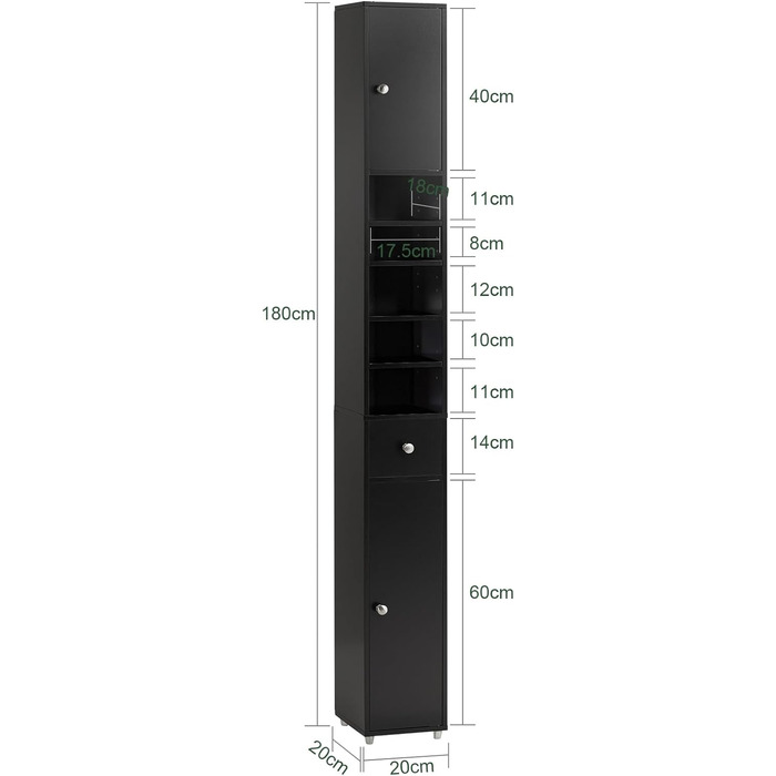 Купити BZR34-W Висока шафа 5 відділень, 1 ящик, дверцята, BHT 20x180x20см, чорний