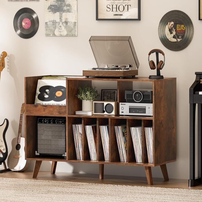Стійка для платівок з полицями на 450 альбомів, коричнева. Підставка для вінілових платівок для музичної кімнати або вітальні