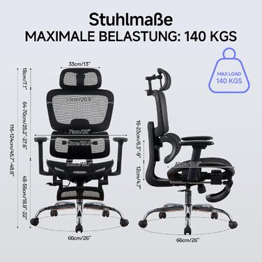 Ергономічне крісло для офісу з підніжкою та подушкою для шиї, 5-рівневе регулювання спинки, 2D підтримка попереку, 3D підлокітники/підголівник, функція нахилу 145°, сітчасте сидіння, гумові колеса (Чорний, Lite)