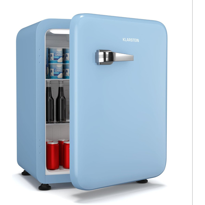 Холодильник Klarstein Audrey Evo 68L: Ретро-дизайн, тихий (40 dB), компресор, регульовані ніжки, двері, що відкидаються, для спальні та офісу (68 л, енергоклас E, блакитний)