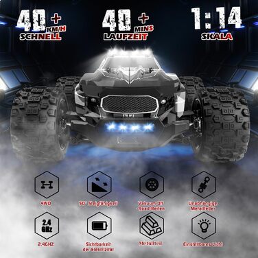 RC Автомобіль Monstertruck 1/14 4WD, 40 км/год, 2 батареї, 7 кольорів підсвічування, Водонепроникний, для дітей та дорослих, Чорний