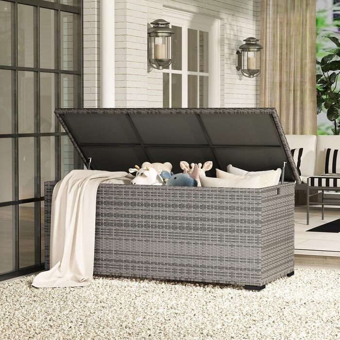 Водонепроникний садовий ящик Amopatio Gartenbox 650л з поліротангу, сірий. Ящик для подушок, металева коробка для зберігання з газліфтами для саду, балкону