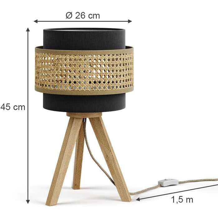 Настільна лампа Vicco Morten з ротангу та чорного кольору, 26 x 45 см, з підставкою