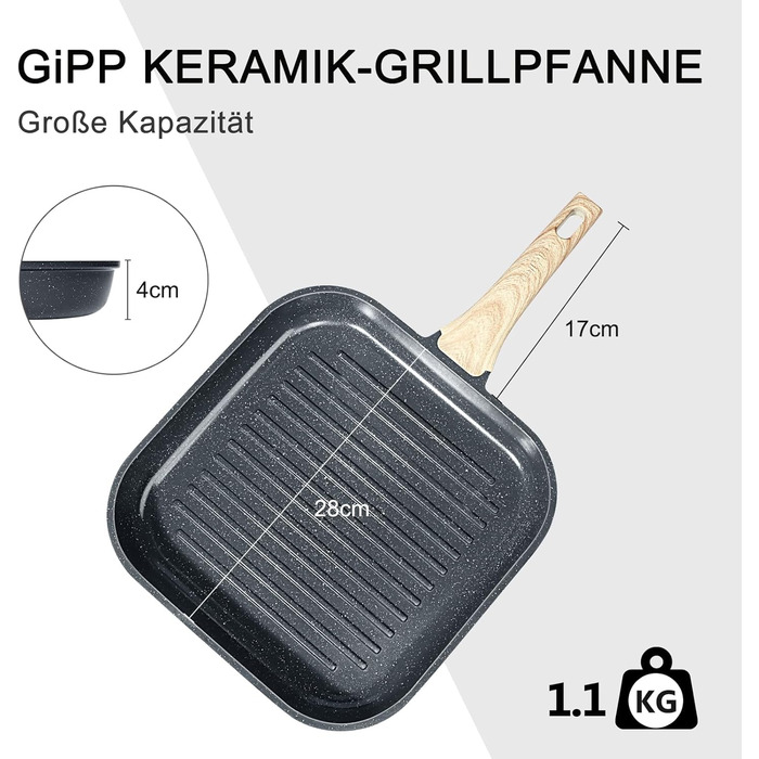 Сковорода-гриль GiPP 28x28 см, сковорода для стейків, індукційна, алюмонієвий литний матеріал з гранітно-антипригарним покриттям, 100% без PFOA, підходить для всіх типів плит, легко миється, білий колір