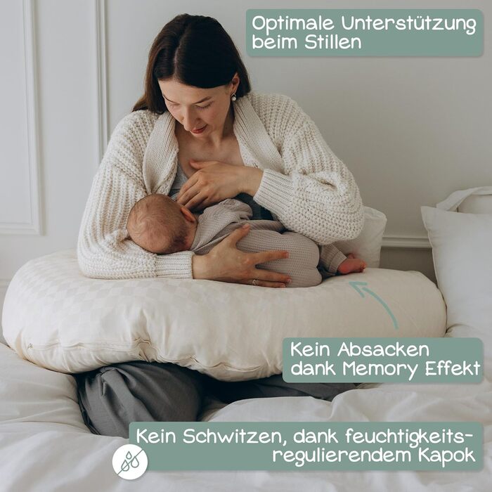 Подушка для годування Stillkissen XXL з органічної бавовни та наповнювачем з капоку | велика подушка для годування та пляшечки | вагітна подушка для сну на боці | антиалергенна та тиха | 190x30 см, кремовий колір, перкал