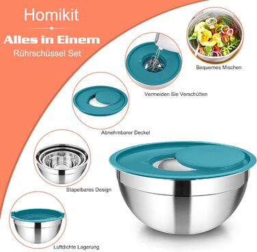 Набір мисок Homikit (5 шт.) з нержавіючої сталі з кришкою та силіконовим дном. Багатофункціональний, стековий, придатний для миття в посудомийній машині, 6.6L / 3.5L / 2.5L / 1.5L / 1L (Кольоровий, з 3 терками)