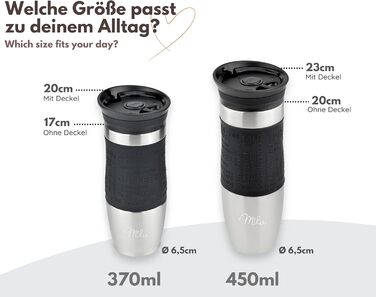 Термокружка Milu 450 мл, 370 мл з нержавіючої сталі, для кави 'to go', з подвійними стінками, не протікає, чорна