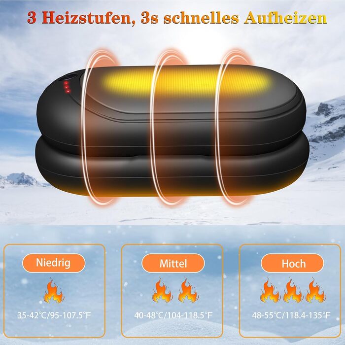 Електричний грієчка для рук, перезарядна, 2 шт. з акумулятором 6000mAh, USB-кабель, 3 режими нагріву, 20 годин тепла, перезарядна кишенькова пічка для активного відпочинку взимку (чорний, сірий)