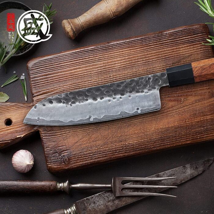 Японський ніж Mitsumoto Sakari Santoku 19 см з високоякісної сталі, ручка з рожевого дерева, подарункова коробка