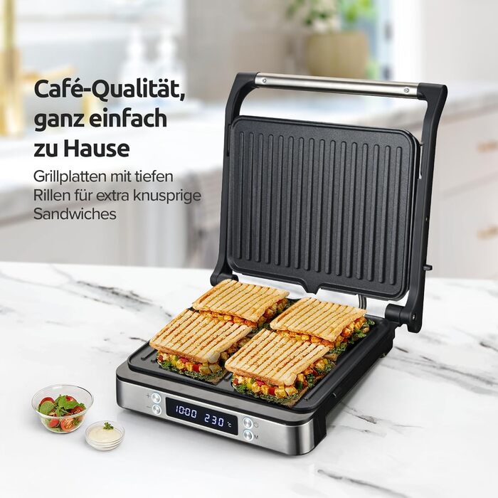 Olvy Sandwichmaker XXL: Цифровий контактний гриль 3-в-1 з антипригарним покриттям, регульована температура, таймер, велика поверхня приготування, Cool-Touch ручка, покриття без PFAS