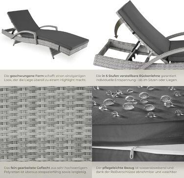 Шезлонг Tectake з поліротангу, регульована спинка, стійкий до погодних умов, з м'яким матрацом, для саду, балкону та тераси (світло-сірий)