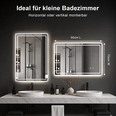 Дзеркало для ванної кімнати Youyijia з підсвічуванням, 70x50 см, антизапітніюче, сенсорне керування, 3 кольори світла, регулювання яскравості, 3500K-6500K