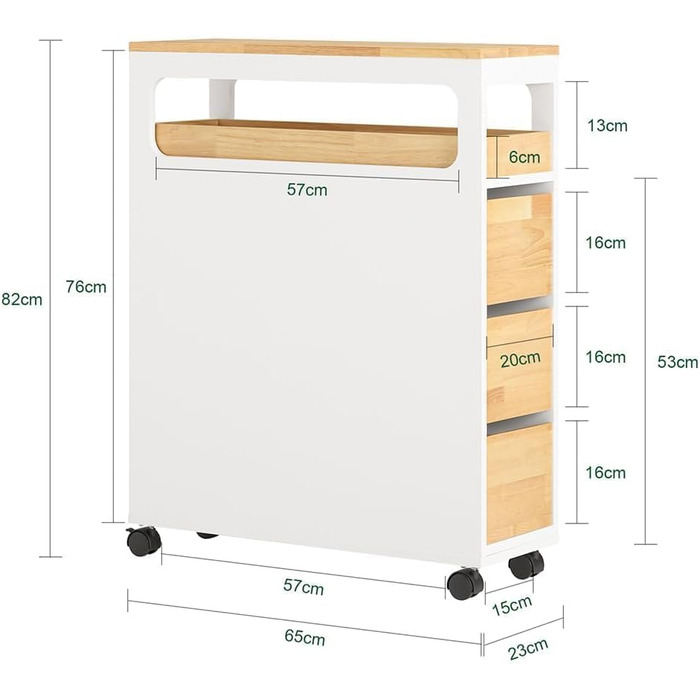 Тумбочка для ванної кімнати SoBuy з колесами, вузька з 3 висувними ящиками, компактна комода з дерева, навісна шафка для маленьких ванних кімнат, туалетів та кухонь, білий, 65x23x82 см, BZR54-W (Натуральний)