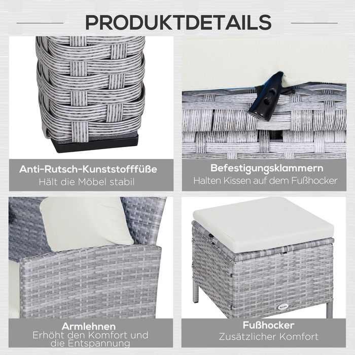 Набір садово-патіо меблів на 5 місць, ротанговий комплект з пуфами, металевий каркас, сірий колір, розміри 142 x 60 x 75 см