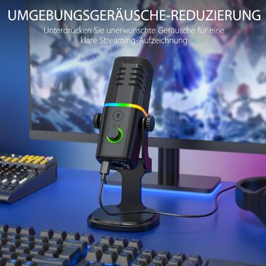 Динамічний XLR/USB мікрофон для геймінгу, подкастів, ПК, телефону, стрімінгу з RGB-підсвіткою, кнопкою вимкнення звуку, підсиленням, підставкою, для співу та YouTube