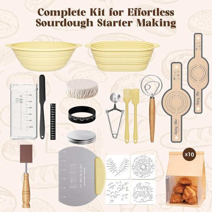 Набір для закваски з силікону MQFORU: 30 шт. Заквасочні корзини (28см круглі, 29см овальні), скляна тара 730мл, щітка, скребок. Для випікання хліба.