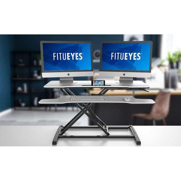 Регульований стіл-надставка FITUEYES для офісу, сидячи/стоячи, 92x40 см, з полицею для клавіатури, для двох моніторів, білий