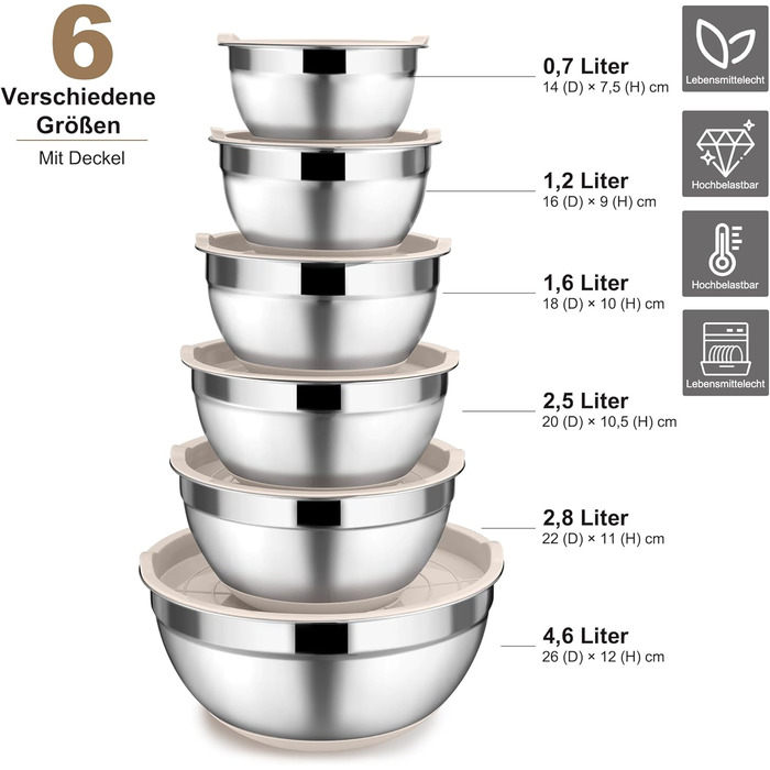 Набір мисок Onader (6 шт) з нержавіючої сталі з кришками та тертками для кухні, 4.6/2.8/2.5/1.6/1.2/0.7 л, стакові та придатні для миття в посудомийній машині, бежевий колір