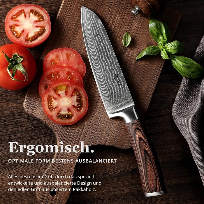 Японський ніж Santoku Wakoli з дамаської сталі (серцевина VG10) 17 см – гострий кухонний ніж для всіх видів нарізок, з ручкою з паккавуду, у подарунковій коробці (без гравію)