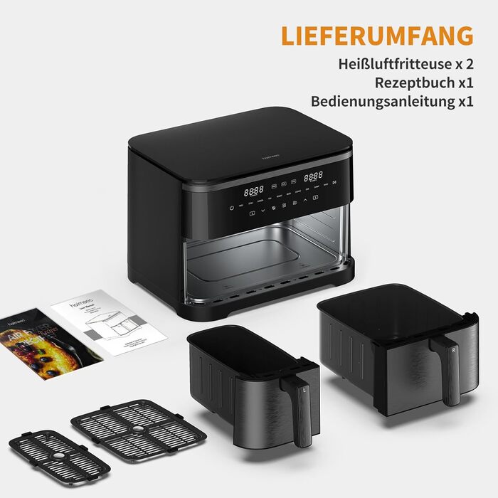 Фритюрниця без олії з підсвічуванням та нагадуванням про струшування, антипригарне покриття, 30-200°C, 78 рецептів, 8-в-1, тиха фритюрниця (11 л)