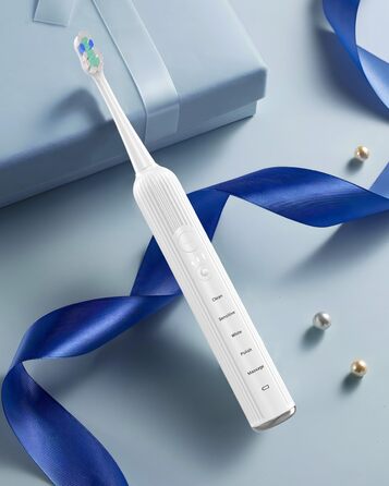 Електрична звукова зубна щітка для дорослих та дітей, 5 режимів чищення, 3 рівні інтенсивності, таймер, 8 насадок, кейс для подорожей, біла (1 шт.)