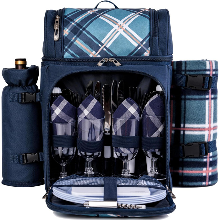 Набір для пікніка ALLCAMP Outdoor Gear на 4 особи, блакитний: рюкзак, деки, посуд, тримач для пляшок/вина