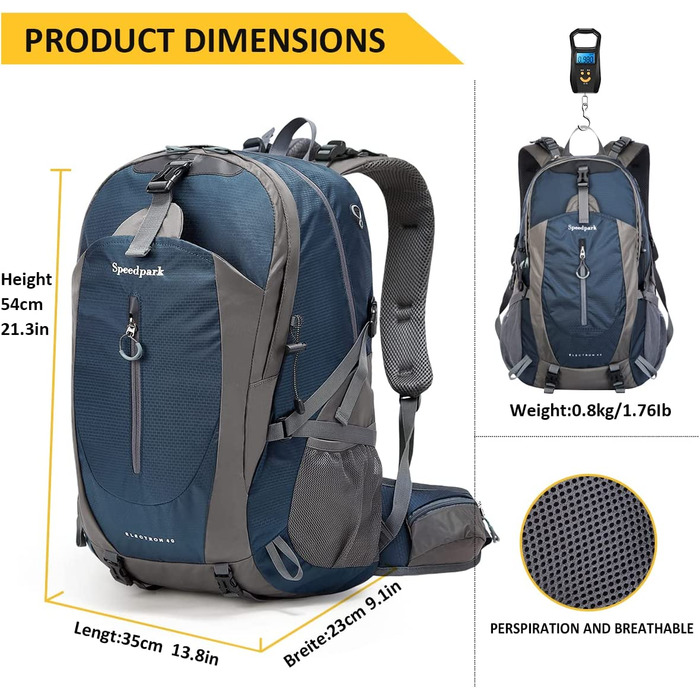 Водонепроникний рюкзак YTL для чоловіків і жінок, легкий рюкзак на відкритому повітрі об'ємом 40 л, підходить для подорожей і кемпінгу (розміри 21,3 х 13,8 х 9,1 дюйма) (синій)