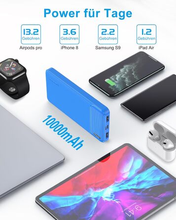 Набір з 2 шт. , тонкий, USB-C, 4 порти, сумісний з iPhone, Samsung (червонийсиній), 10000mAh