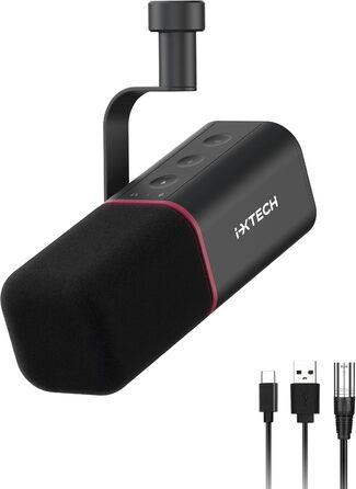 Динамічний мікрофон IXTECH з кардіоїдною діаграмою, RGB підсвічуванням, USB/XLR для студії, подкастів, стрімів, вокалу, озвучування, білий (чорний, M)