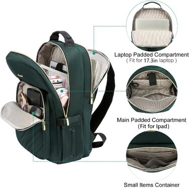 LOVEVOOK Рюкзак для жінок, великий, 15.6 дюймів, сумка для ноутбука, водонепроникний, шкільний рюкзак для дівчат-підлітків, чорний, елегантний рюкзак для роботи, навчання, подорожей (17.3 дюйми, темно-зелений)