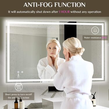 Дзеркало для ванної кімнати з підсвічуванням 80x60 см, LED дзеркало з 3 кольорами світла, регулюванням яскравості, захисне скло, сенсорне управління, функція пам'яті, запобігання запотіванню, для ванної кімнати
