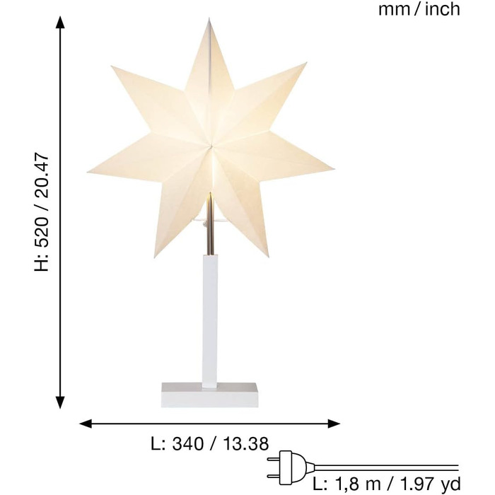 Настільна лампа EGLO з різдвяною зіркою, декоративна зірка з підсвічуванням з паперу з дерев'яною основою, 3D зірка для освітлення вікон, що стоїть в білому кольорі з кабелем, E14 (висота 52 см, білий, одинарна)