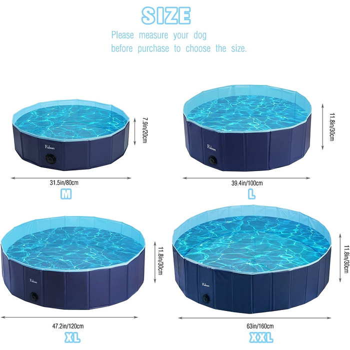 Басейн для собак Fuloon зі зливним клапаном, складаний басейн для собак басейн для кішок басейн дитячий басейн Ванна для собак ПВХ Нековзна, зносостійка, для дітей Собака кішка (16030 см (63 дюйма.Д11,8 дюйма).З), синьо-блакитний)