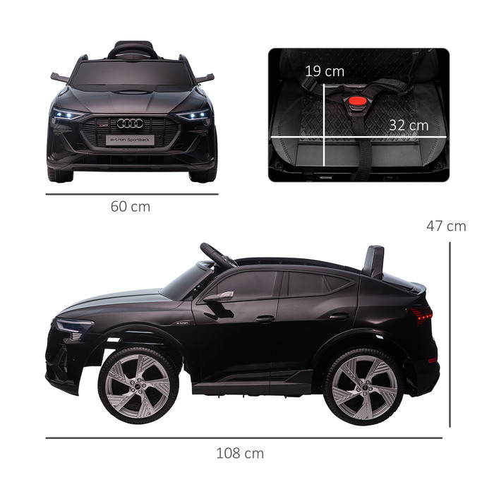 Електромобіль HOMCOM Audi e-tron 12V для дітей 3-5 років. Реалістичний дизайн, дистанційне керування, безпечний ремінь, музика (MP3/USB/TF), швидкість до 3-5 км/год. Чорний колір.