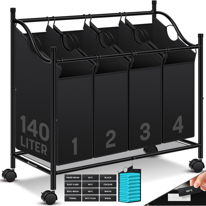 Кошик для білизни KESSER з 4 знімними мішками для сортування | 4 відділення по 35 літрів | Чорний кошик для білизни з колесами та гальмами