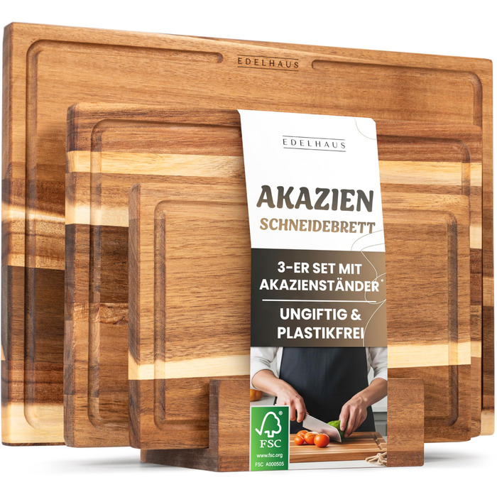 Набір дерев'яних обробних дощок з акціїї, 3 шт. (40x30см, 33x24см, 26x18см) - дерев'яні дошки для кухні з канавкою для соку, дизайн