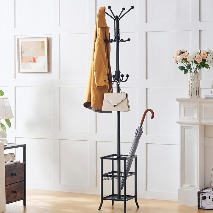 Настінна/підлогова вішалка для одягу FAVOOSTY з підставкою для парасольки, 12 гачків, срібна/чорна