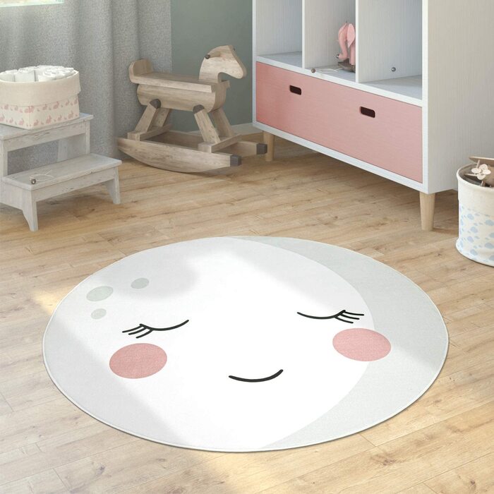 Домашній дитячий килимок Paco, круглий ігровий килимок для дитячої кімнати, нековзний Сучасний килимок із зображенням голови Лева місячної коали, розмір колір (150 см круглий, кремовий)