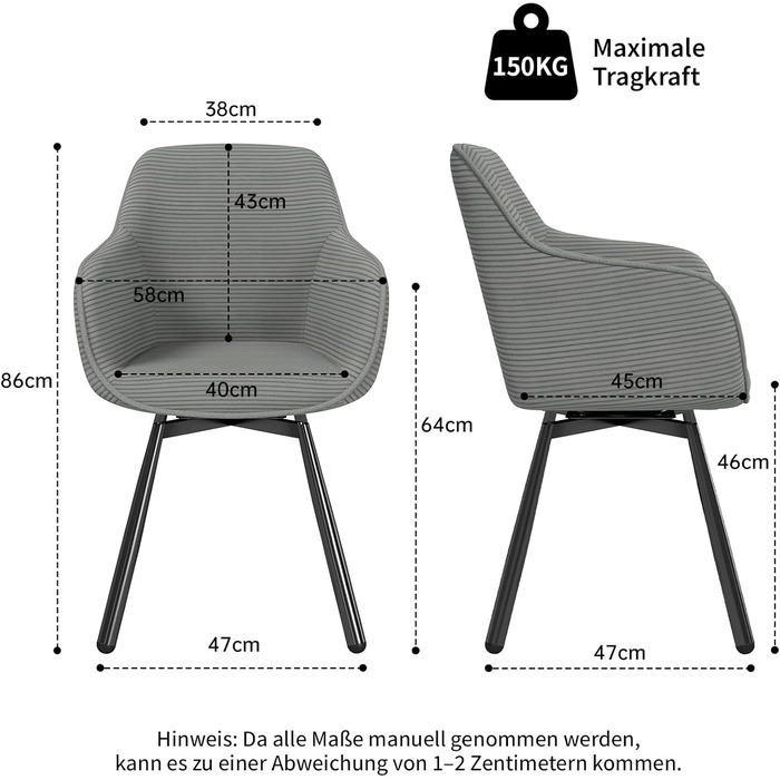 LEWE Комплект з 4-х обертових стільців для їдальні з підлокітниками, сірий. Сучасні стільці для кухні/вітальні з дерев'яними ніжками та спинкою.