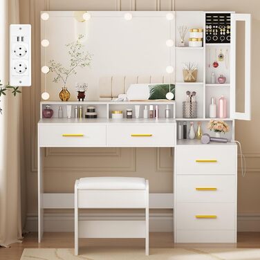 Великий туалетний столик ANWBROAD з LED-підсвічуванням (3 кольори) та розетками, білий, з дзеркалом та пуфом, 5 ящиків, скляні дверцята, 140x115x40 см, BDT68W