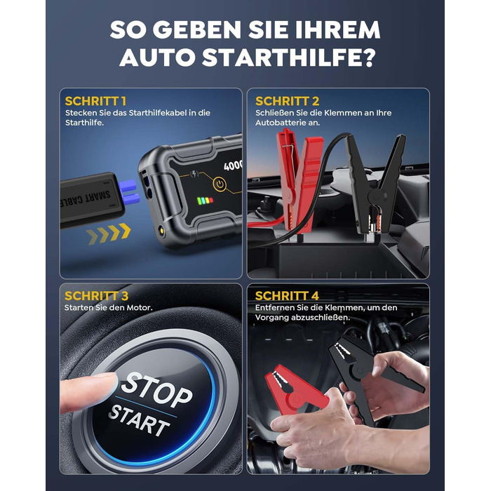 Powerbank Starthilfe AIMAPOW для автомобіля з компресором 160PSI, 27000mAh, 4000A, для бензинових та дизельних двигунів (до 12.0L), LED-ліхтар 600 LUM