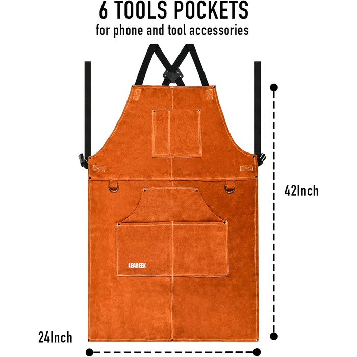 Шкіряний фартух зварювальника LeaSeek – термостійкий та вогнестійкий, з 6 кишенями, регульований, розмір M-XXXL (61x106 см)