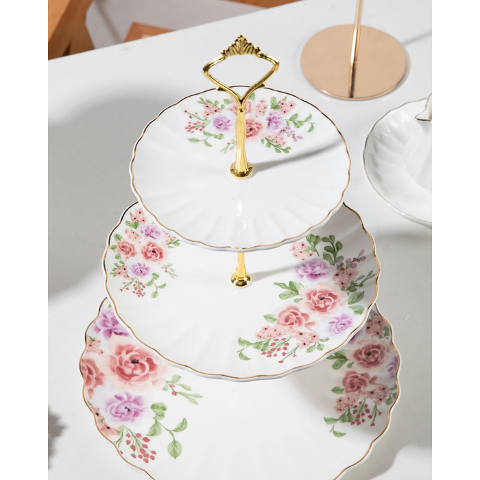Стійка для тістечок Sweejar Home з кераміки, 3 яруси, для весілля, десертів, капкейків, чаювання, сервірування їжі (Рожева троянда)