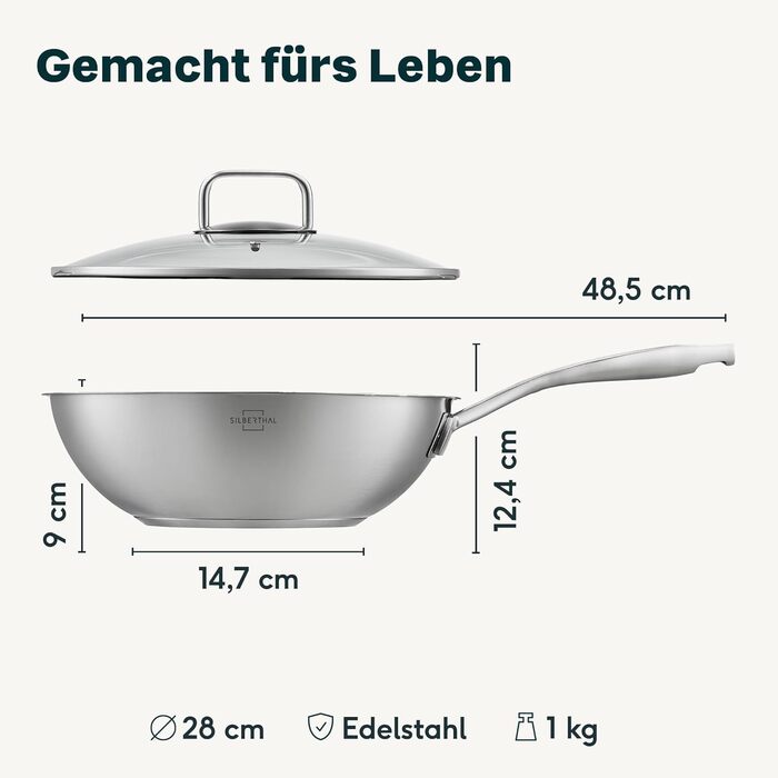 Wok Silberthal з нержавіючої сталі з індукційним дном (28 см) - для смаження та смаження у фритюрі, сумісний з усіма плитами, до 400°C, з кришкою