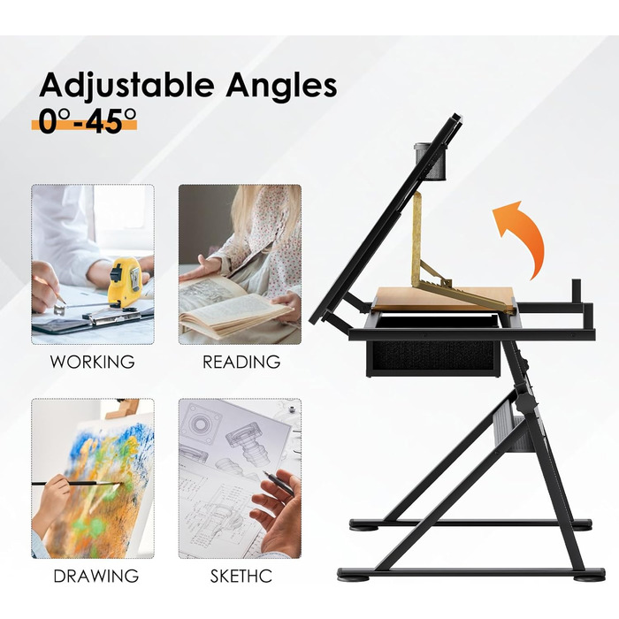 Регульований стіл для малювання та роботи, з хокером та ящиками. Ідеально для техніків, архітекторів та студентів мистецтв