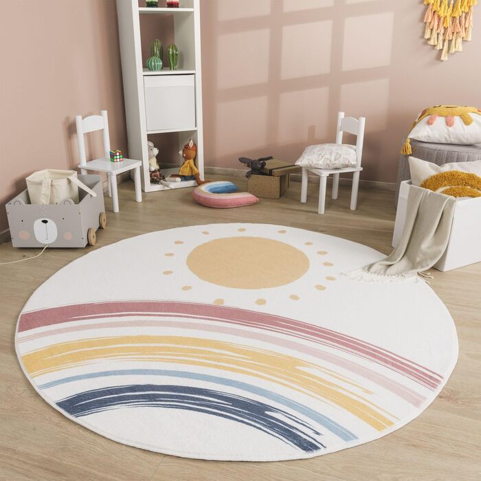 Домашній килимок для дитячої кімнати круглий дитячий, який можна прати в пральній машині Rainbow Sun, колір Розмір (160 см круглий, синій, жовтий, рожевий)